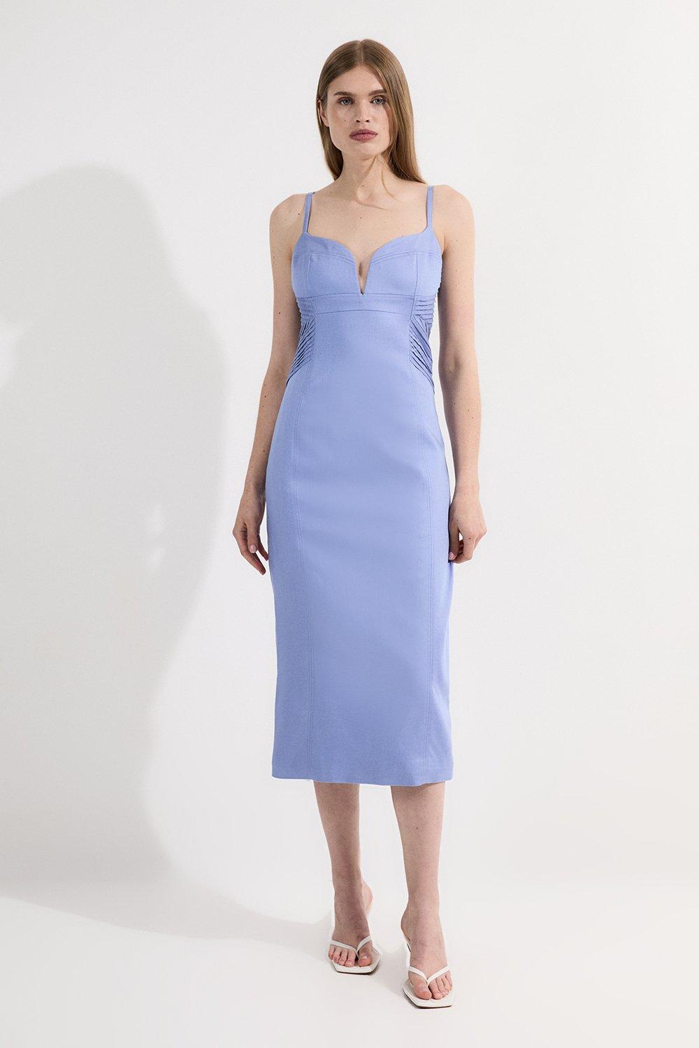 Petite Premium Linen Pintuck Detail Pencil Tailored Midi Dress